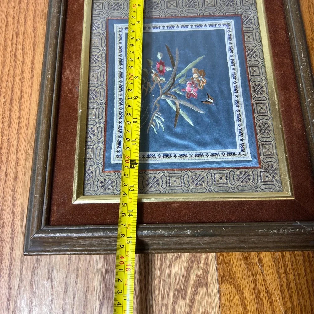VTG Asian Silk Embroidery Framed Floral Bird Art Blue Silk Textile Wall Decor